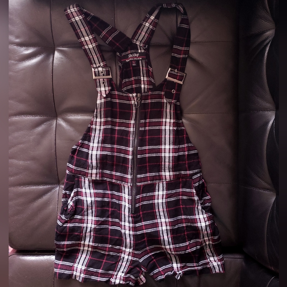 BeBop Black & Red Plaid Overall Shorts